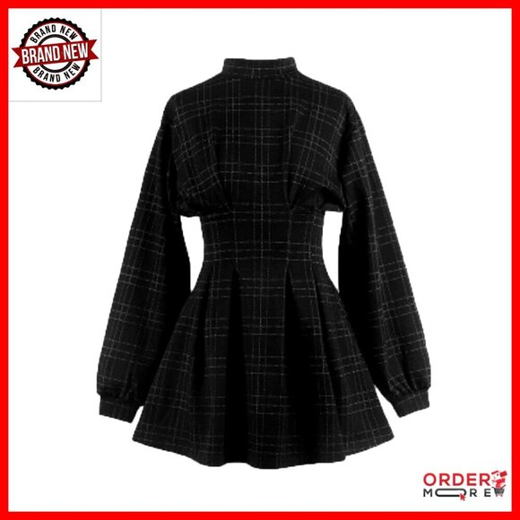 Dresses & Skirts - Long Sleeve Mini Dress Plaid Wrap Pleated Punk Gothic Vintage Style
